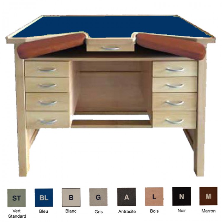 ETABLI HORLOGER AVEC 8 TIROIRS - Couleur : Top bleu Accoudoir : Marron