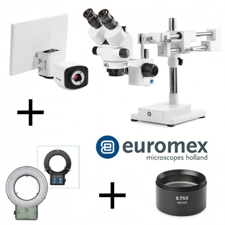 PACK TRINOCULAIRE + PIED DOUBLE + ECLAIRAGE LED + 0.75X + CAMERA + ECRAN EUROMEX PACK TRINOCULAIRE + PIED DOUBLE + ECLAIRAGE LED + 0.75X + CAMERA + ECRAN EUROMEX