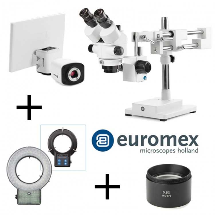 PACK -TRINOCULAIRE + PIED DOUBLE + ECLAIRAGE LED + 0.5X + CAMERA + ECRAN EUROMEX