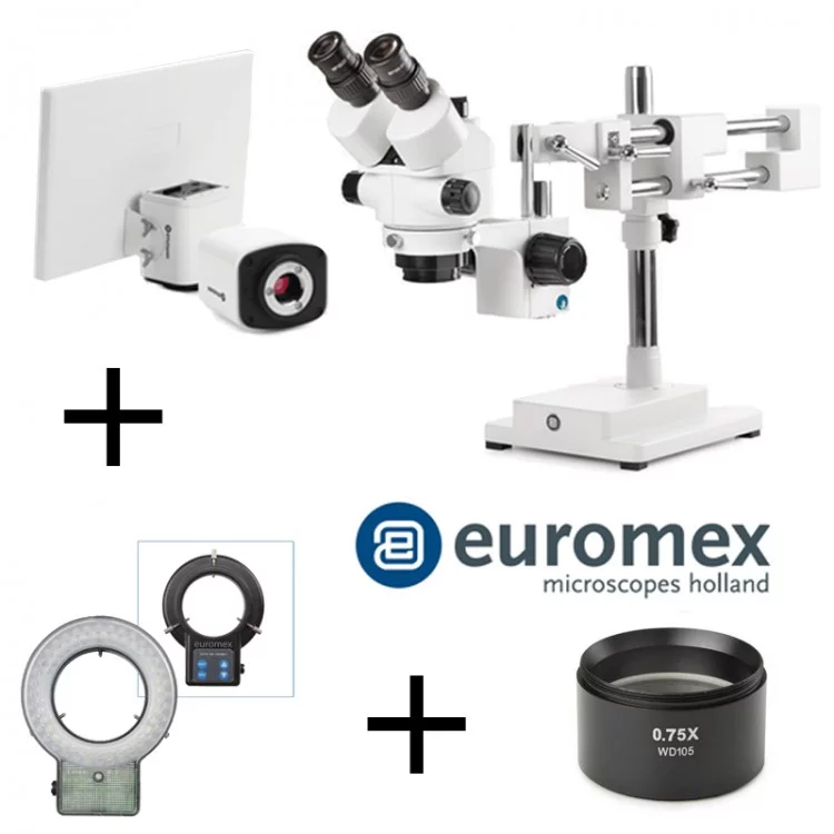 PACK TRINOCULAIRE + PIED DOUBLE + ECLAIRAGE LED + 0.75X + CAMERA + ECRAN EUROMEX PACK TRINOCULAIRE + PIED DOUBLE + ECLAIRAGE LED + 0.75X + CAMERA + ECRAN EUROMEX