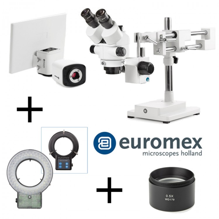 PACK -TRINOCULAIRE + PIED DOUBLE + ECLAIRAGE LED + 0.5X + CAMERA + ECRAN EUROMEX PACK -TRINOCULAIRE + PIED DOUBLE + ECLAIRAGE LED + 0.5X + CAMERA + ECRAN EUROMEX