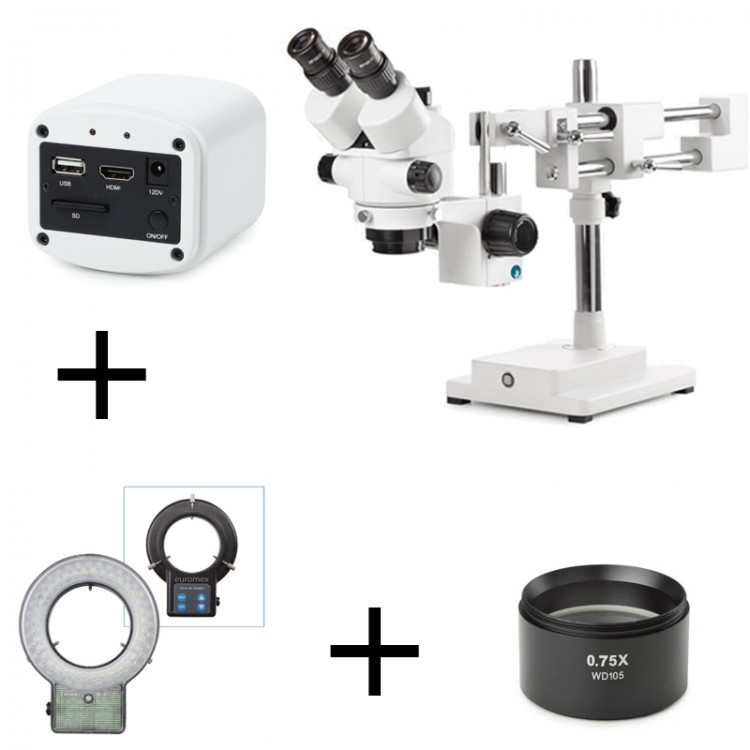 PACK - TRINOCULAIRE + PIED DOUBLE + ECLAIRAGE LED + 0.75X + CAMERA EUROMEX PACK - TRINOCULAIRE + PIED DOUBLE + ECLAIRAGE LED + 0.75X + CAMERA EUROMEX